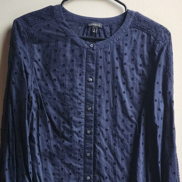 Talbots Navy Blue Eyelet Lace Button Down Shirt Size Medium - Picture 5 of 13